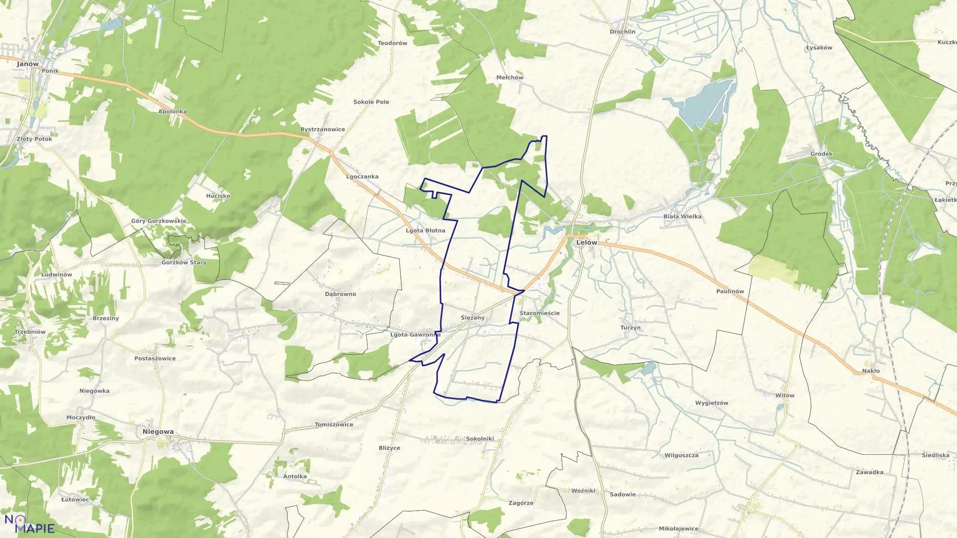 Mapa obrębu Ślęzany w gminie Lelów